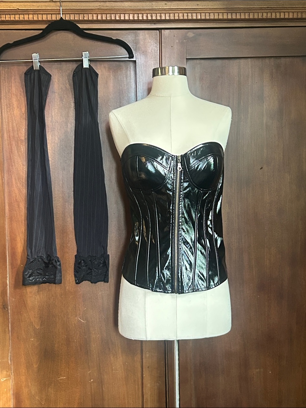 Black Patent Strapless Corset Bodysuit with Front Zip and Pinstripe Stockings